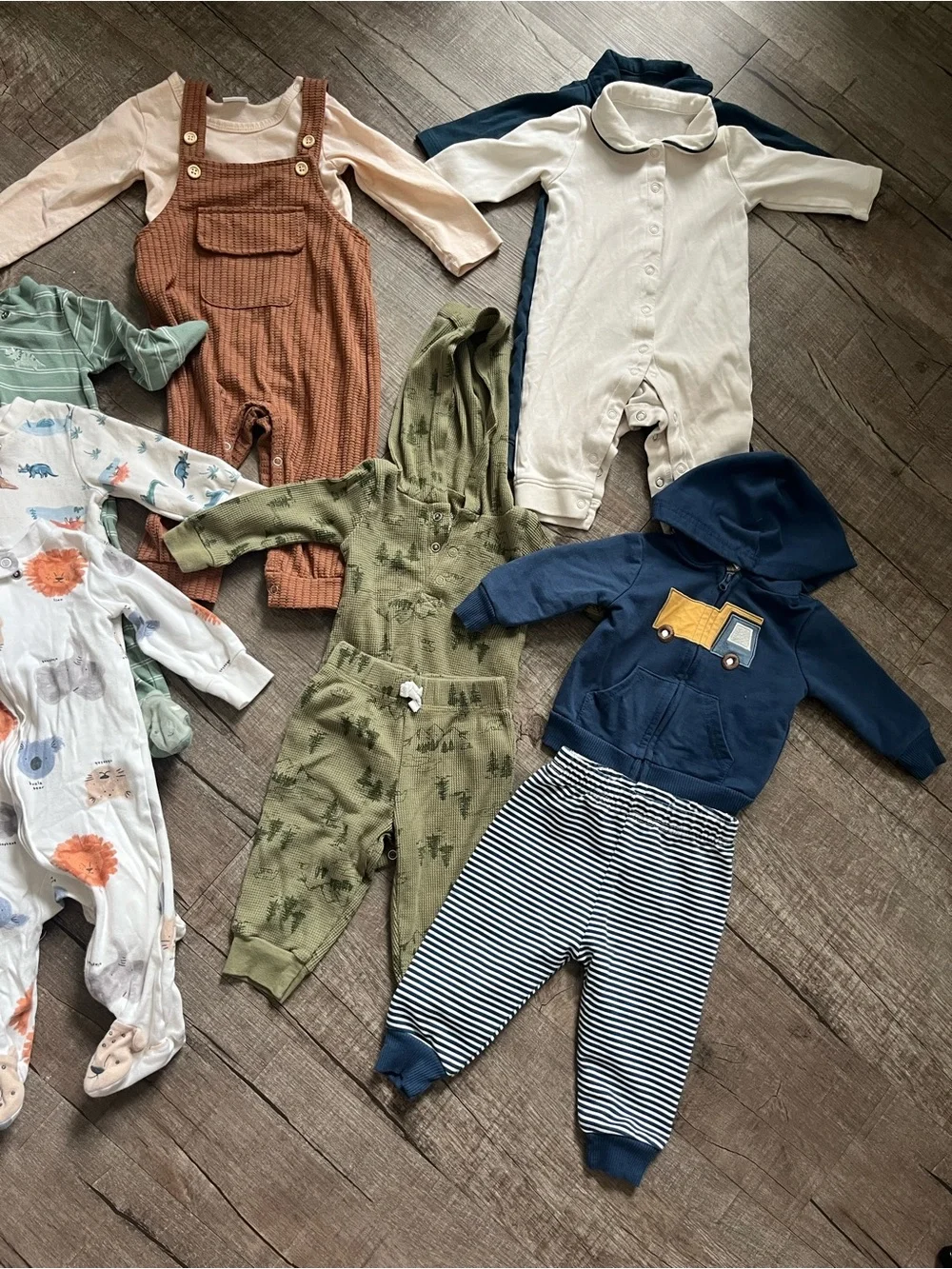 Carter's Green, Brown, Cream and White Mixed Baby Footies & Overalls Lot